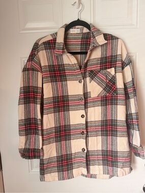 Maurices Cream Plaid Teddy Jacket with Pink & Green Stripes